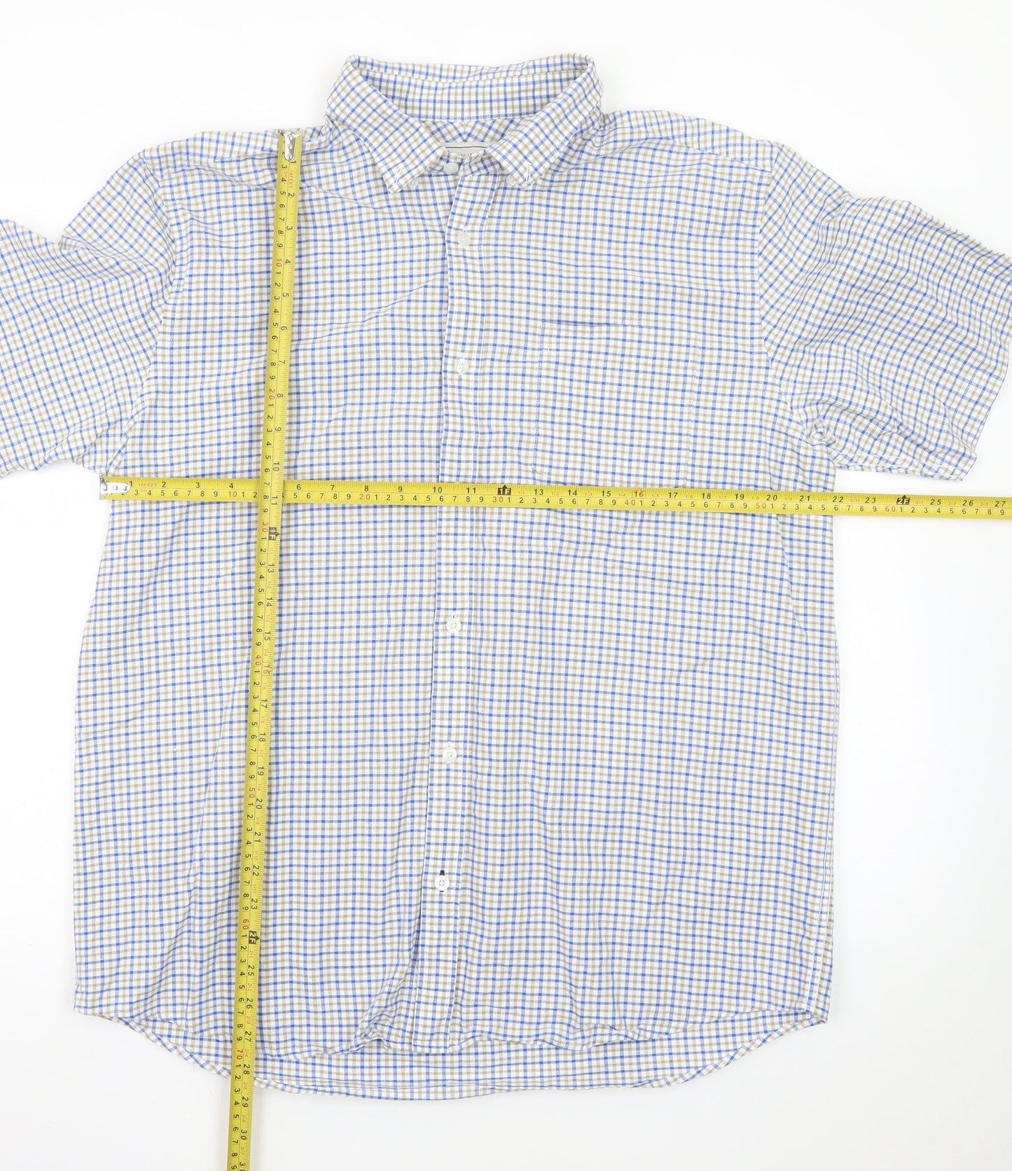 John Lewis Men’s Blue Check Cotton Oxford Short Sleeve Shirt XL