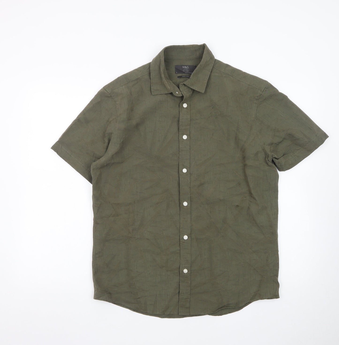 Marks and Spencer Men's Green Relaxed Fit Short Sleeve Button-Up Shirt S