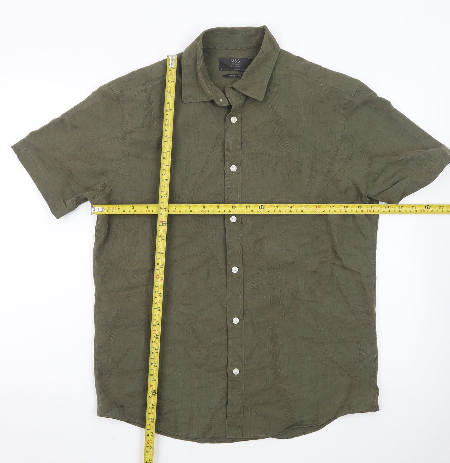 Marks and Spencer Men's Green Relaxed Fit Short Sleeve Button-Up Shirt S