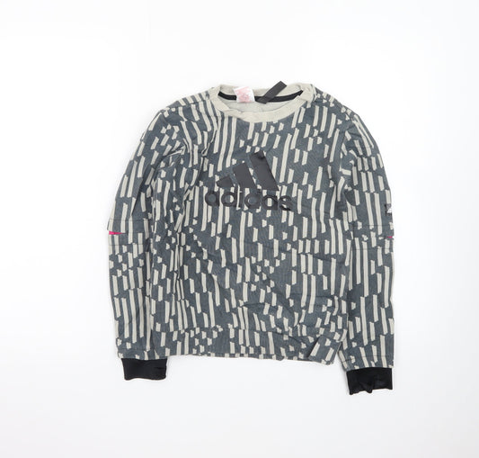 Adidas Boys Grey Patterned Crew Neck Sweatshirt XS 7-8Y Primegreen