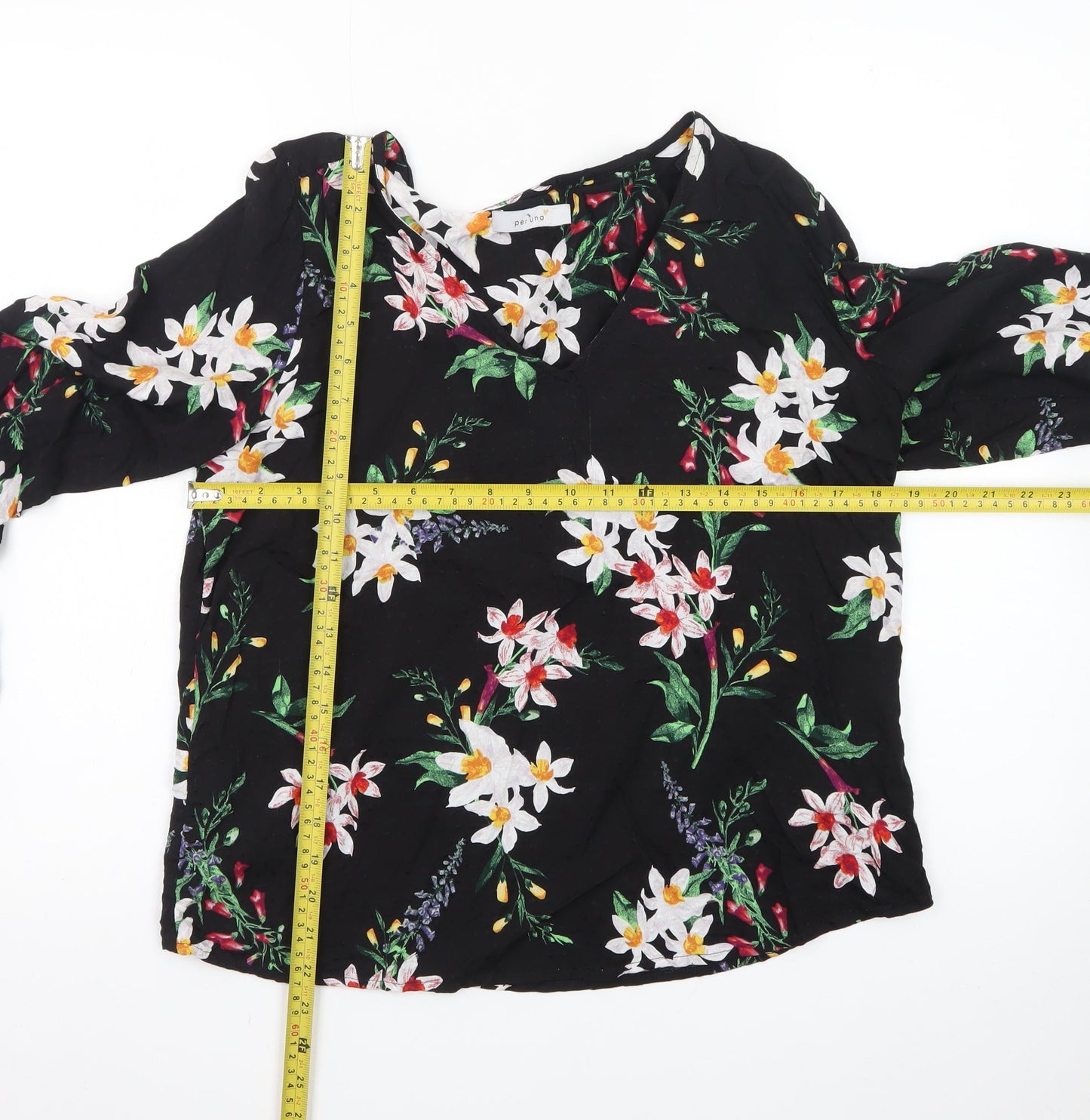 Marks and Spencer Women's Black Floral V-Neck Long Sleeve Tunic Blouse Size 14
