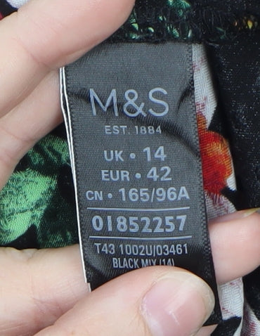 Marks and Spencer Women's Black Floral V-Neck Long Sleeve Tunic Blouse Size 14