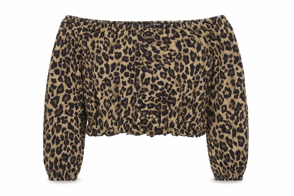 H&M Women Brown Leopard Off Shoulder Cropped Blouse M