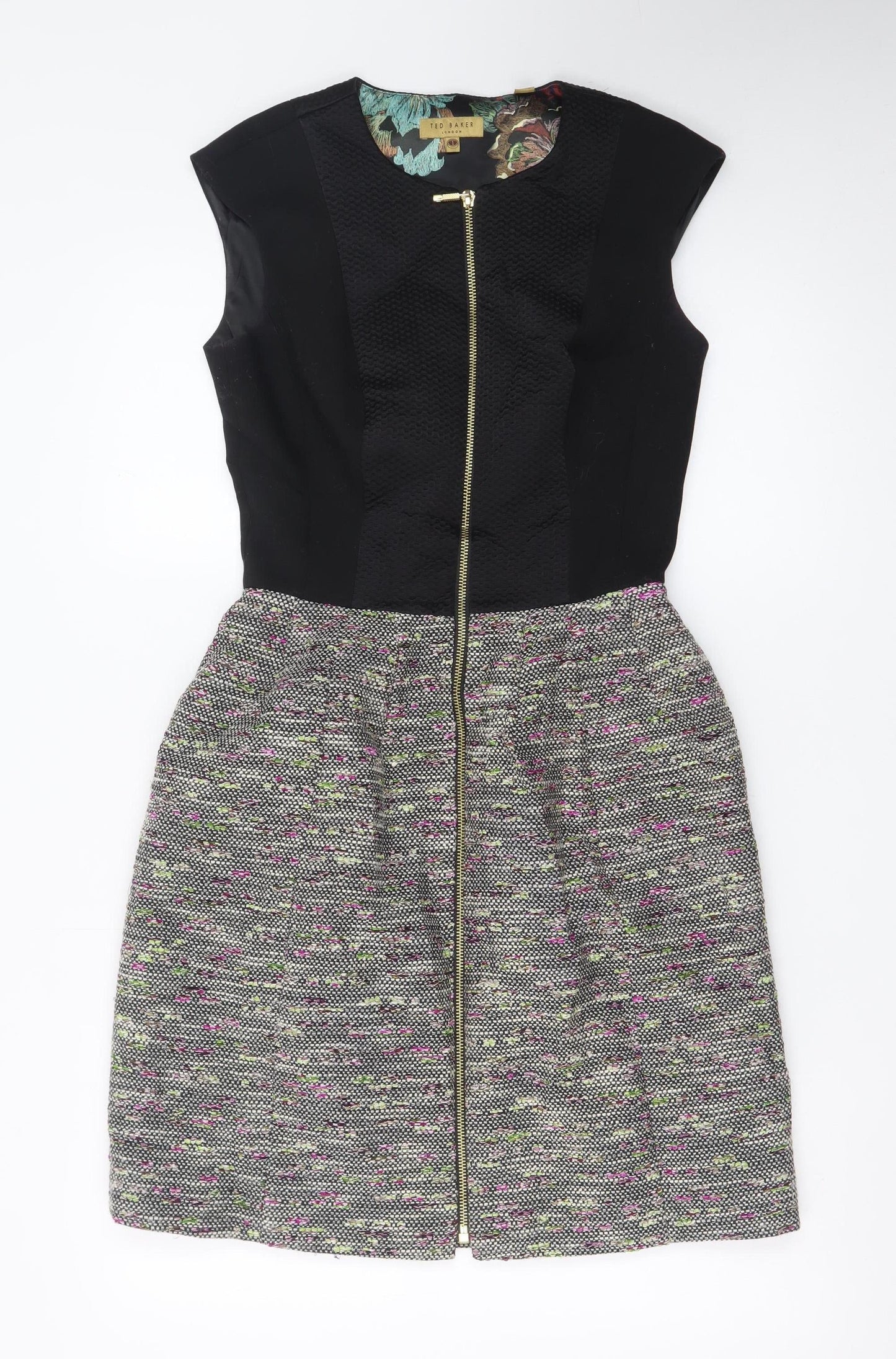 Ted Baker Women Black Multi Skater Dress Size 8 Zip Front