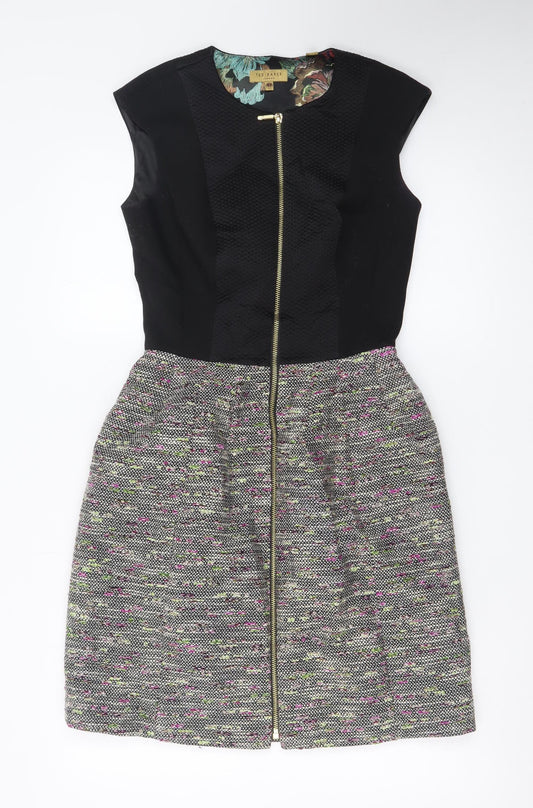 Ted Baker Women Black Multi Skater Dress Size 8 Zip Front