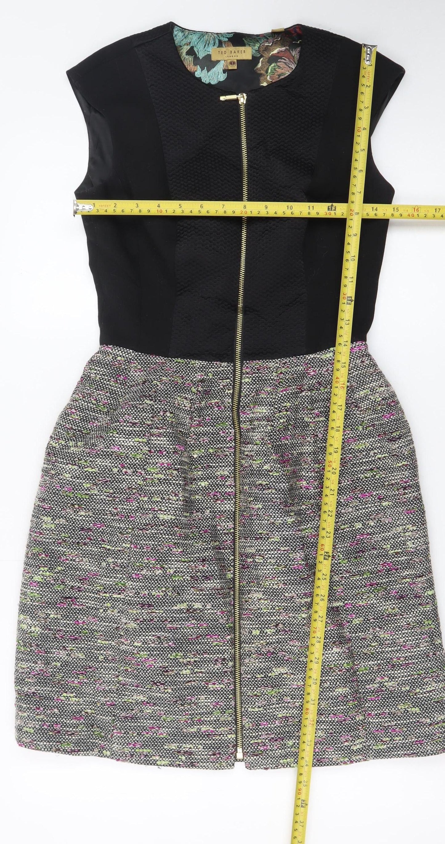 Ted Baker Women Black Multi Skater Dress Size 8 Zip Front