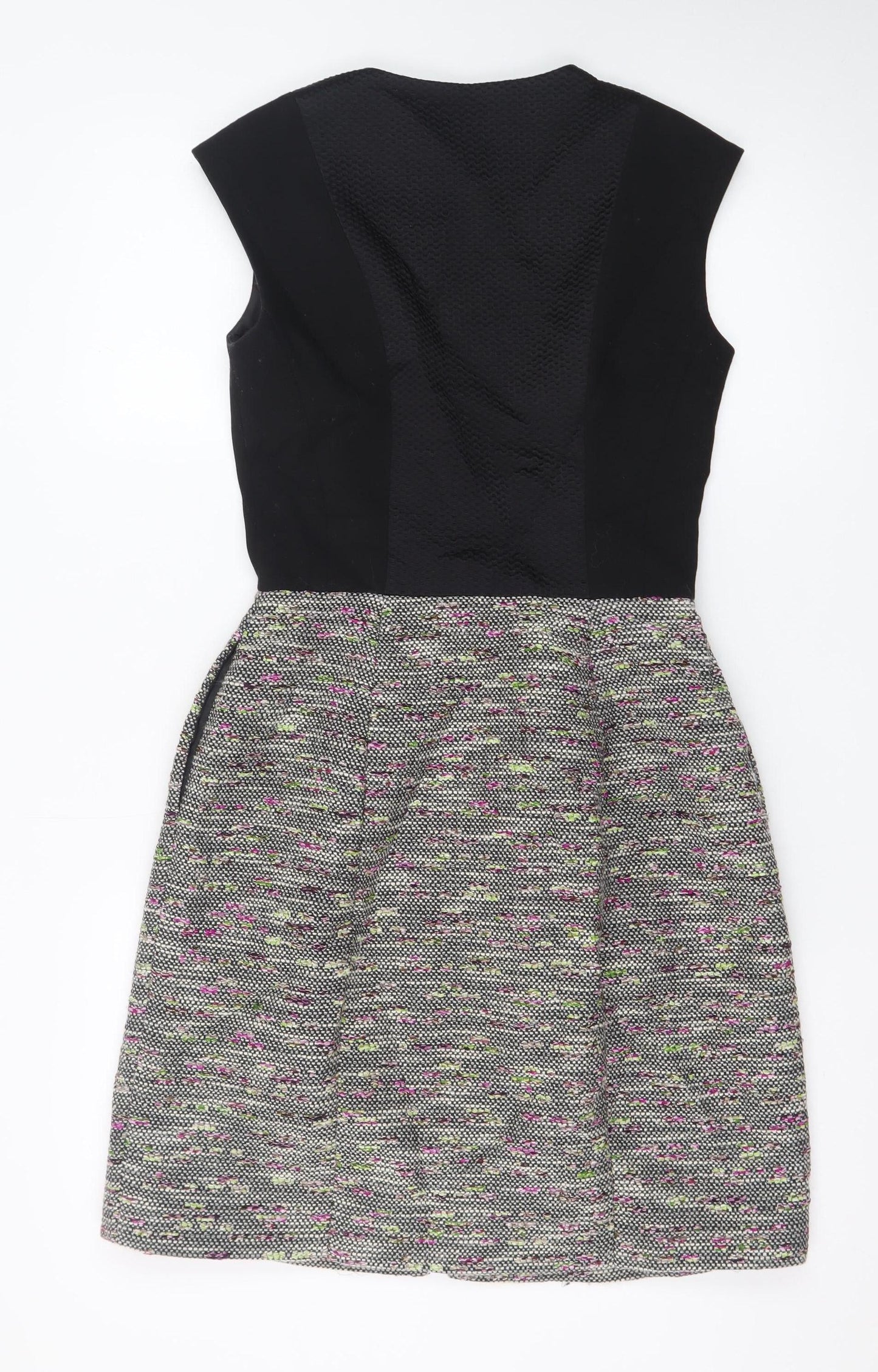 Ted Baker Women Black Multi Skater Dress Size 8 Zip Front