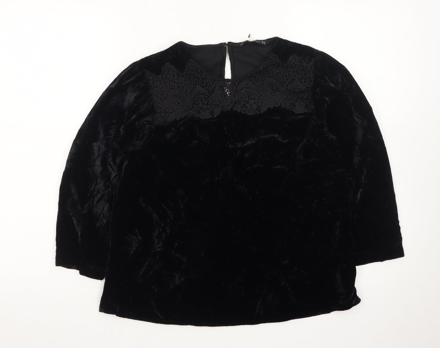 Zara Women Black Velvet Embroidered Blouse XS 3/4 Sleeve