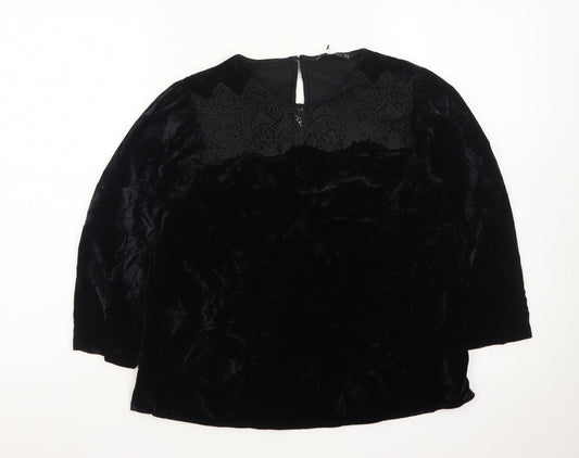 Zara Women Black Velvet Embroidered Blouse XS 3/4 Sleeve