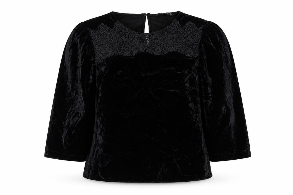 Zara Women Black Velvet Embroidered Blouse XS 3/4 Sleeve