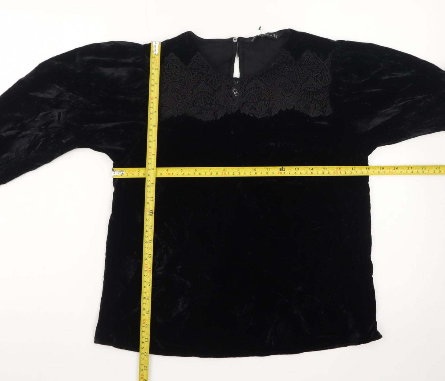 Zara Women Black Velvet Embroidered Blouse XS 3/4 Sleeve