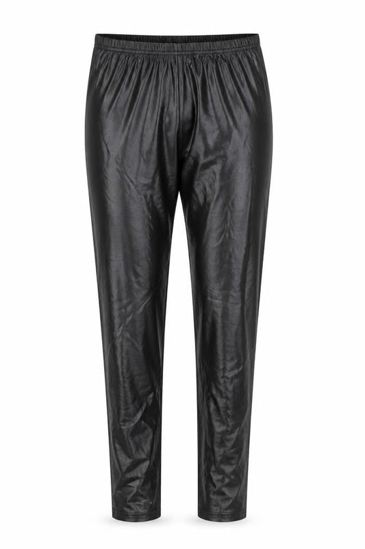 Front view of Ged London Women’s Black Faux Leather Leggings, size M, Elastic Waist Slim Fit