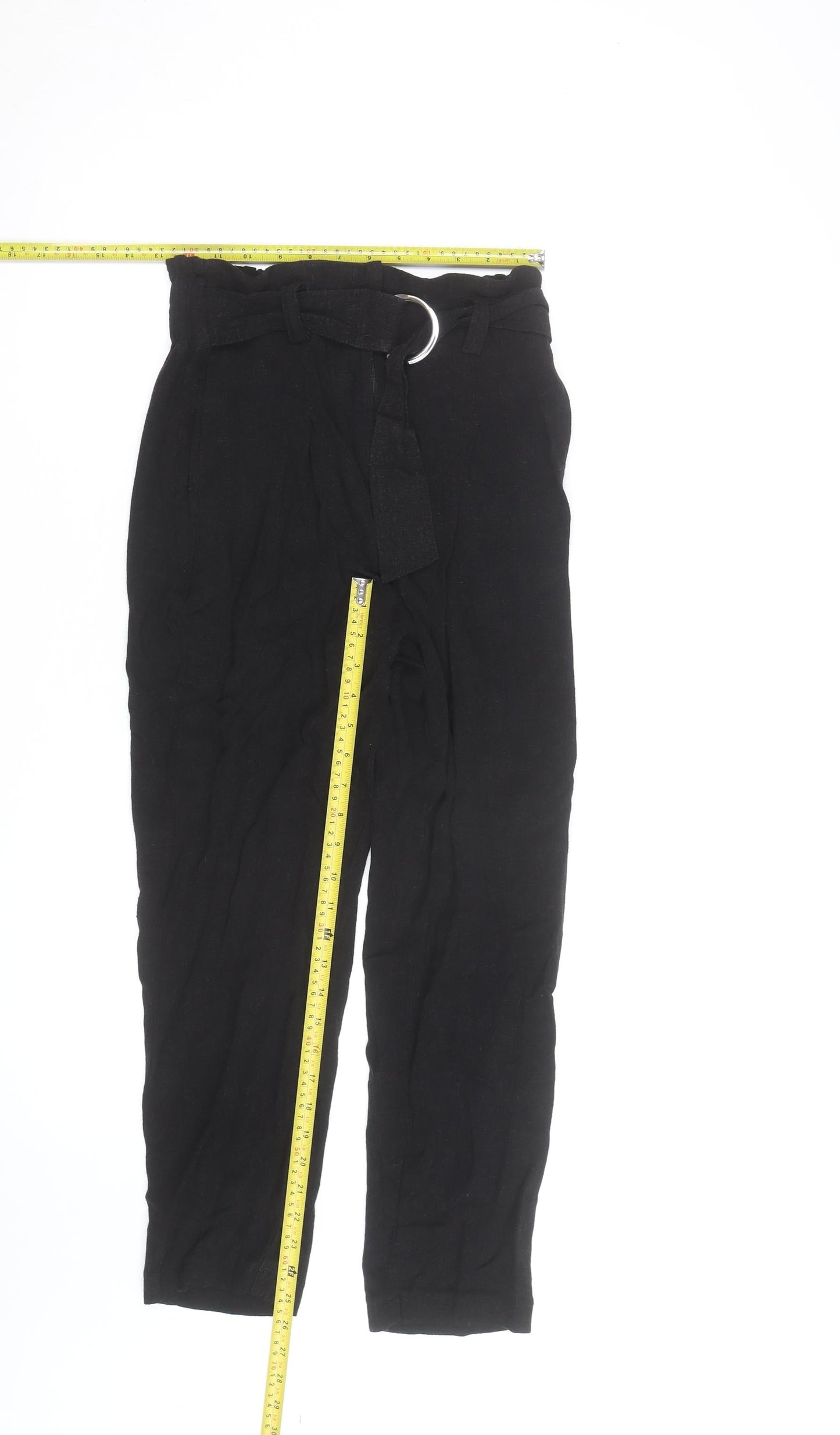 Lipsy Women Black Paperbag Belted Trousers UK 10 Viscose Linen Blend