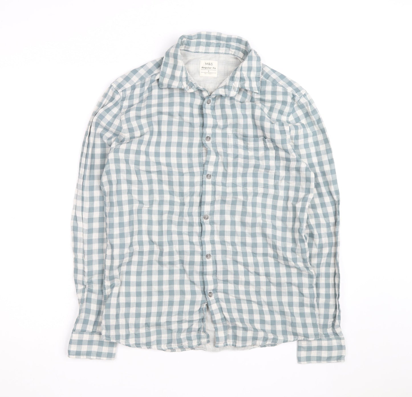Marks and Spencer Men's Blue Check Regular Fit Cotton Shirt S