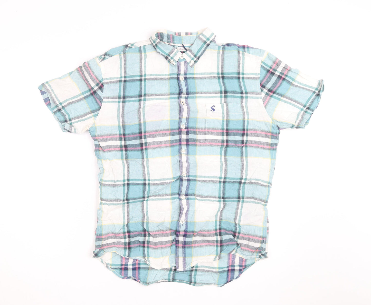 Joules Men's Blue Checked Short Sleeve Slim Fit Cotton Shirt M