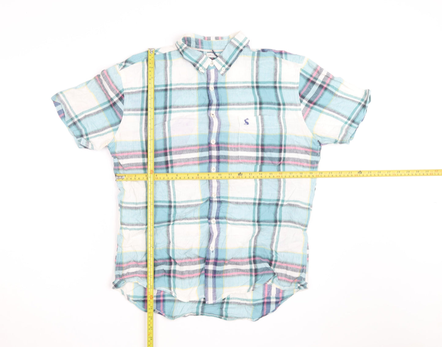 Joules Men's Blue Checked Short Sleeve Slim Fit Cotton Shirt M