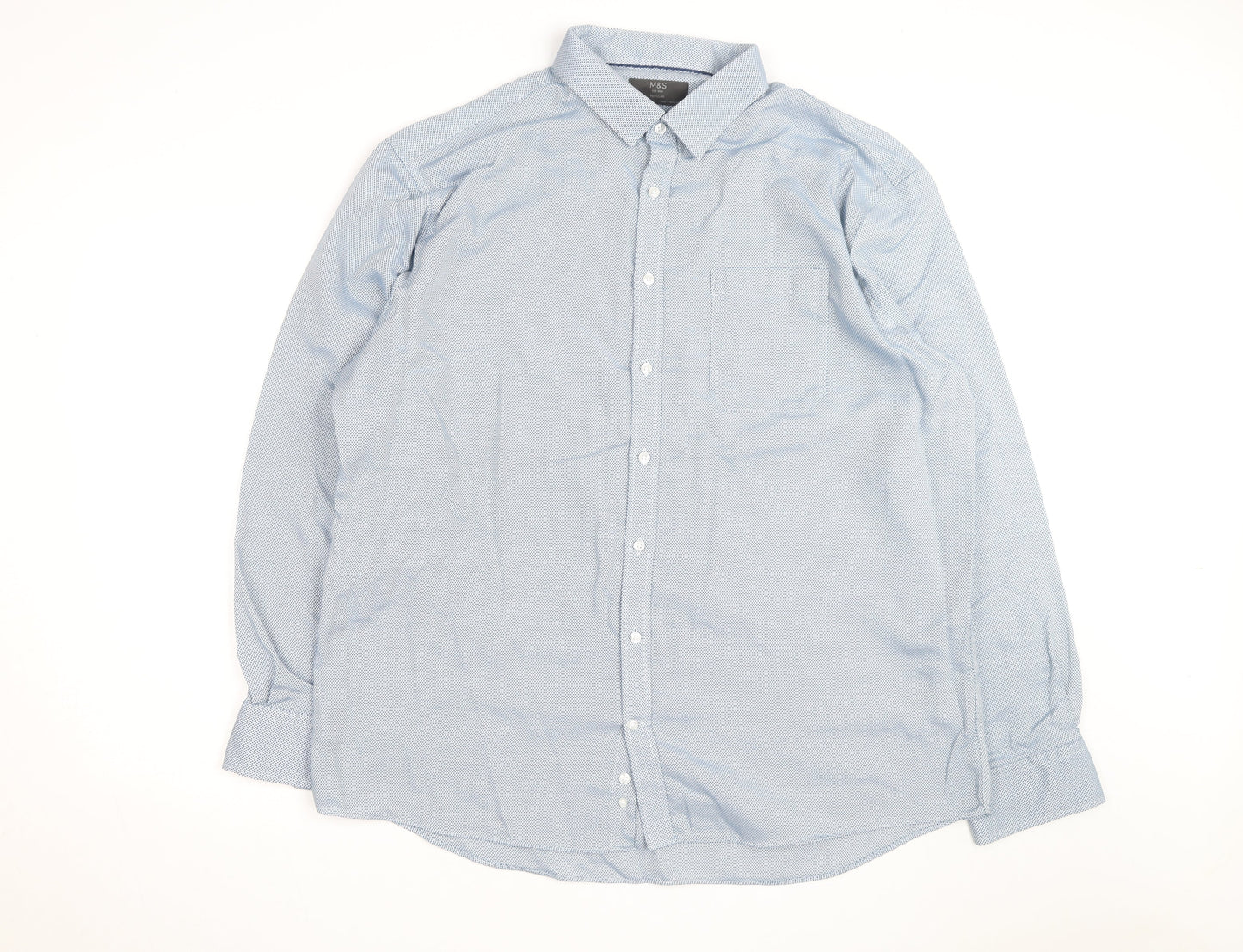 Marks and Spencer Men's Blue Cotton Regular Fit 18.5in Long Sleeve Shirt