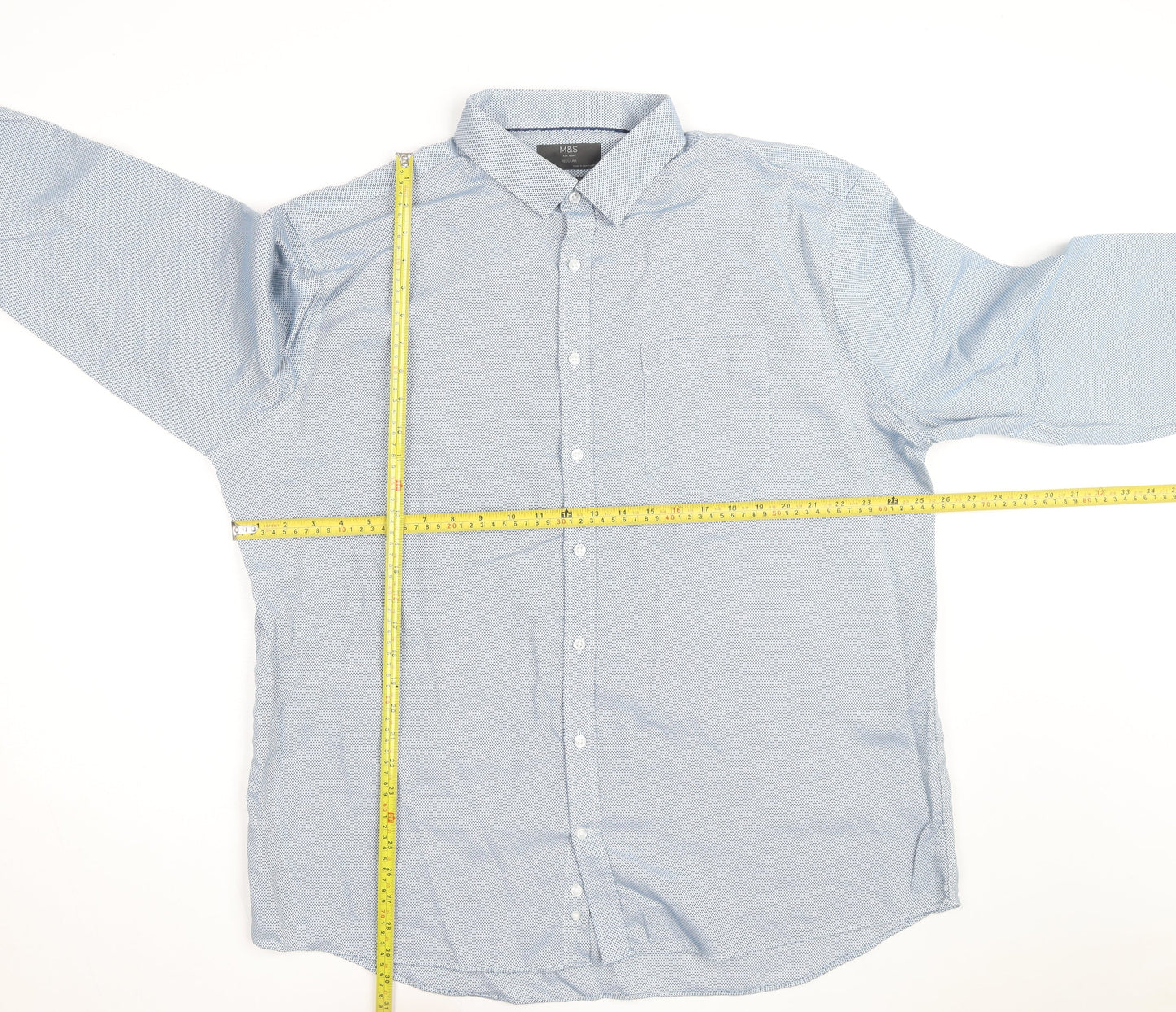 Marks and Spencer Men's Blue Cotton Regular Fit 18.5in Long Sleeve Shirt