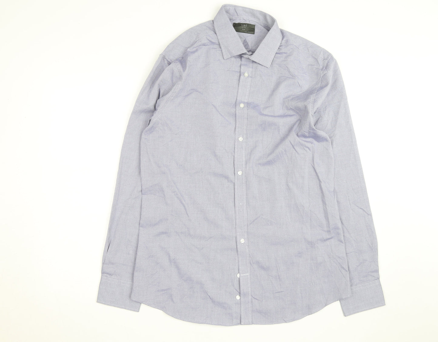 Marks and Spencer Men's Blue Slim Fit Long Sleeve Button-Up Shirt Size 15.5