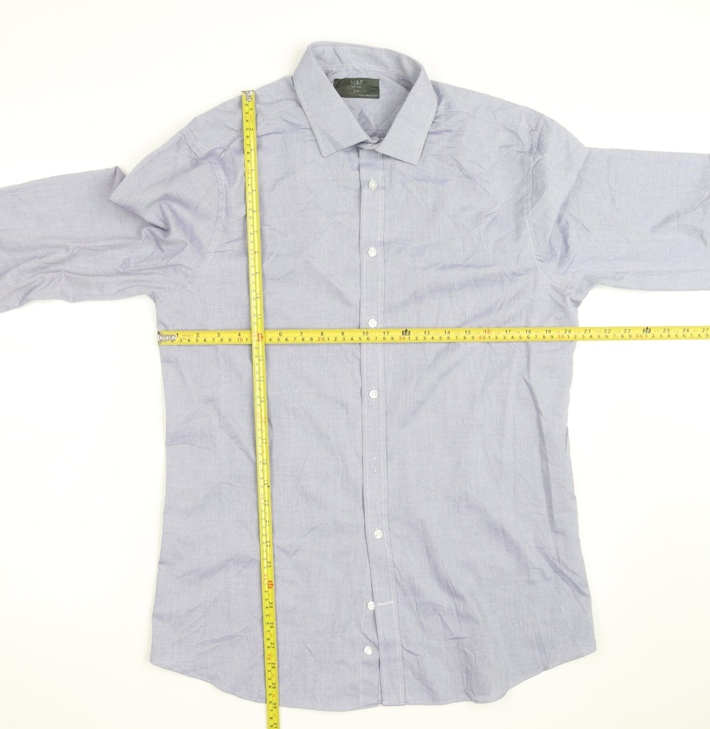 Marks and Spencer Men's Blue Slim Fit Long Sleeve Button-Up Shirt Size 15.5