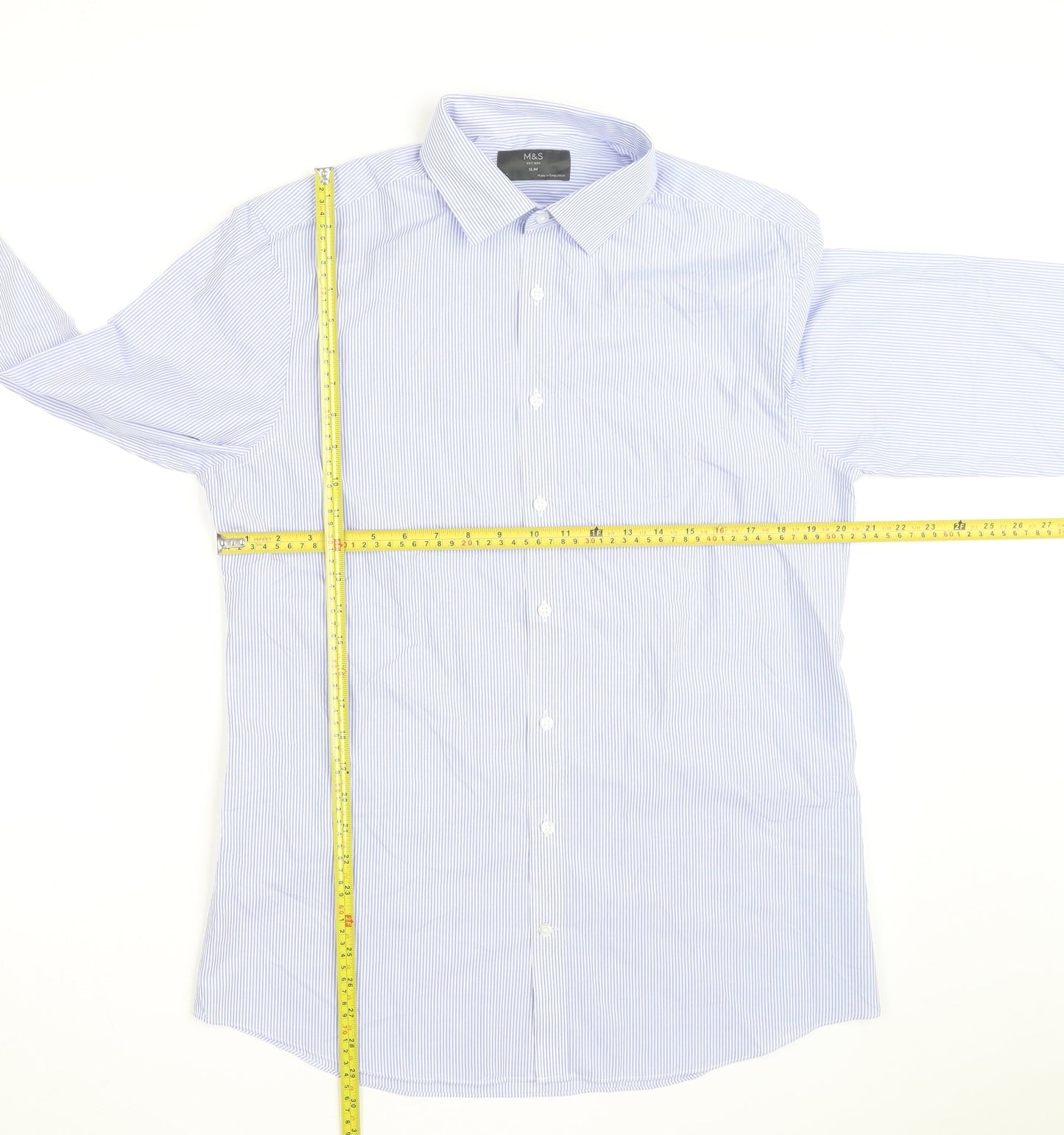Marks and Spencer Men's Blue Slim Fit Striped Long Sleeve Shirt 16in