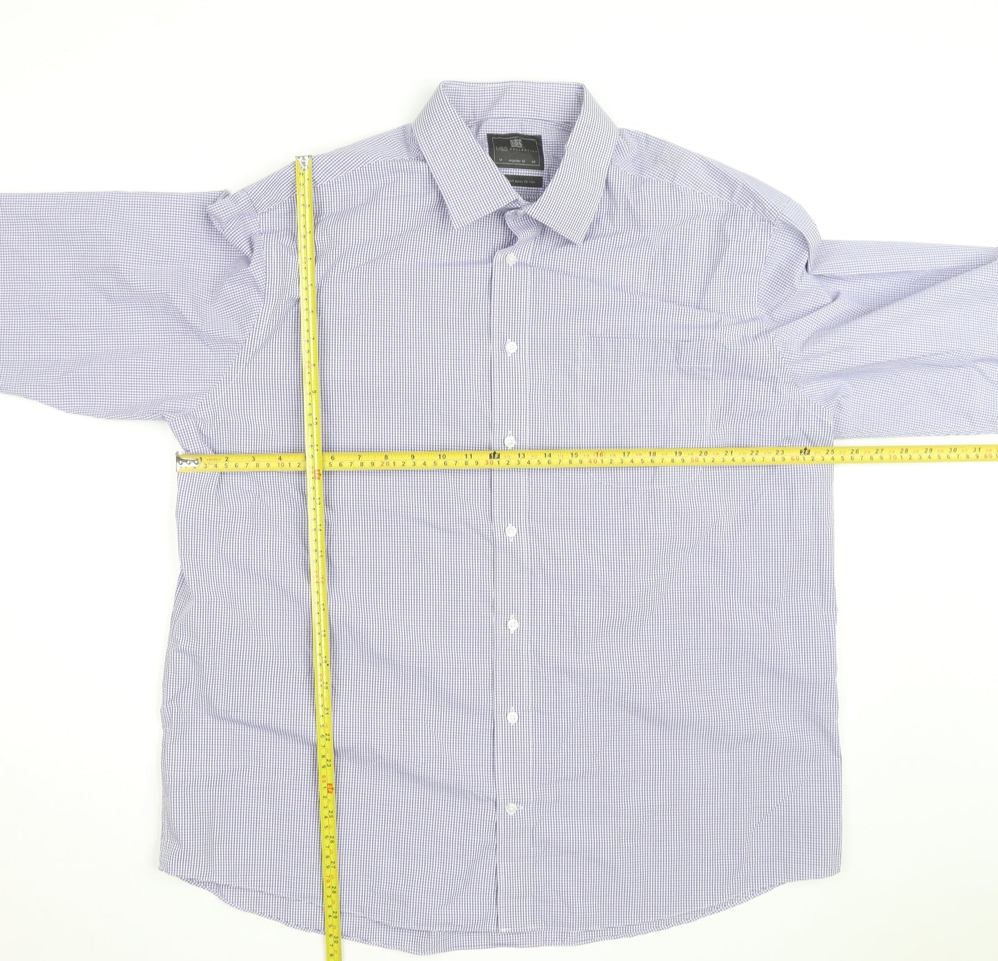 Marks and Spencer Men's Blue Checked Regular Fit Shirt Size 18