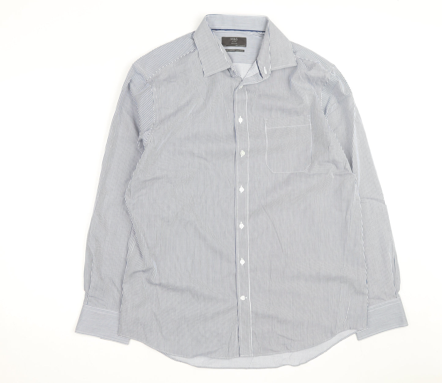 Marks and Spencer Men's Blue Striped Regular Fit Cotton Shirt 16.5in