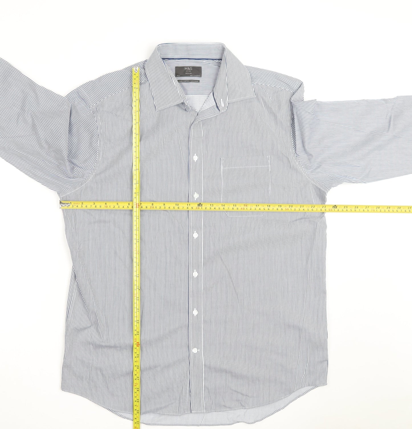 Marks and Spencer Men's Blue Striped Regular Fit Cotton Shirt 16.5in
