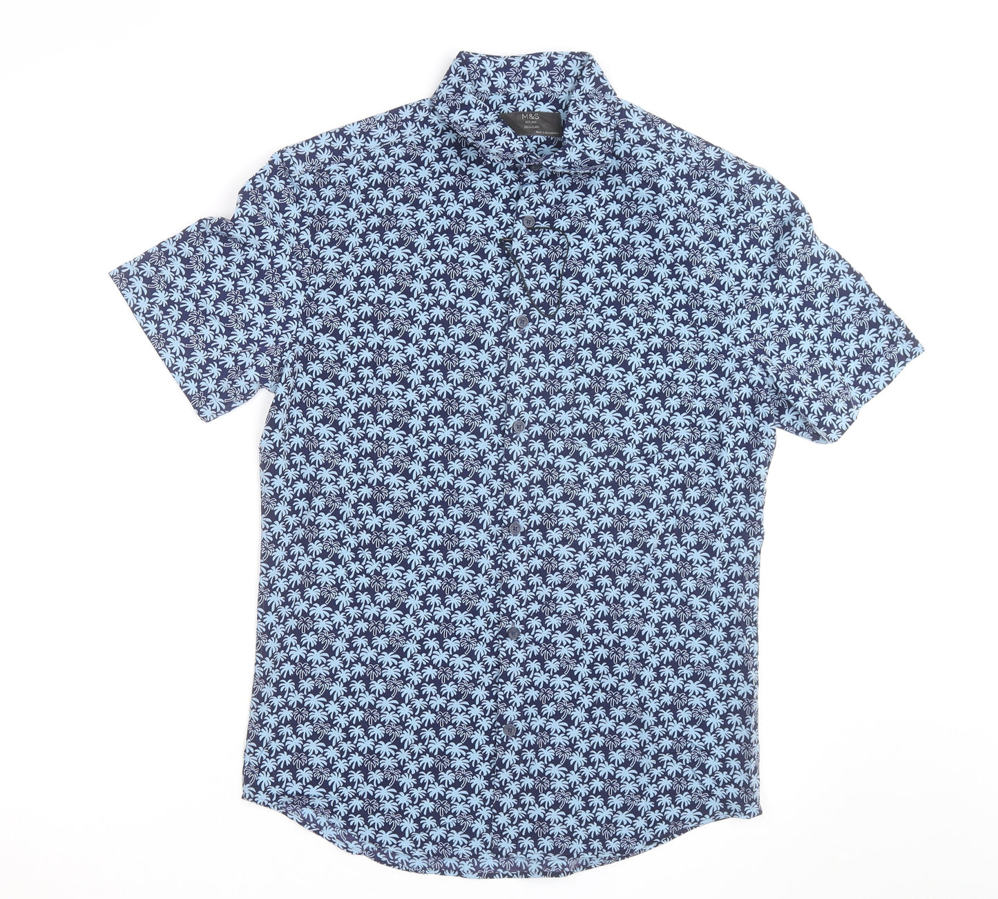 Marks and Spencer Men's Blue Regular Fit Short Sleeve Tropical Shirt M