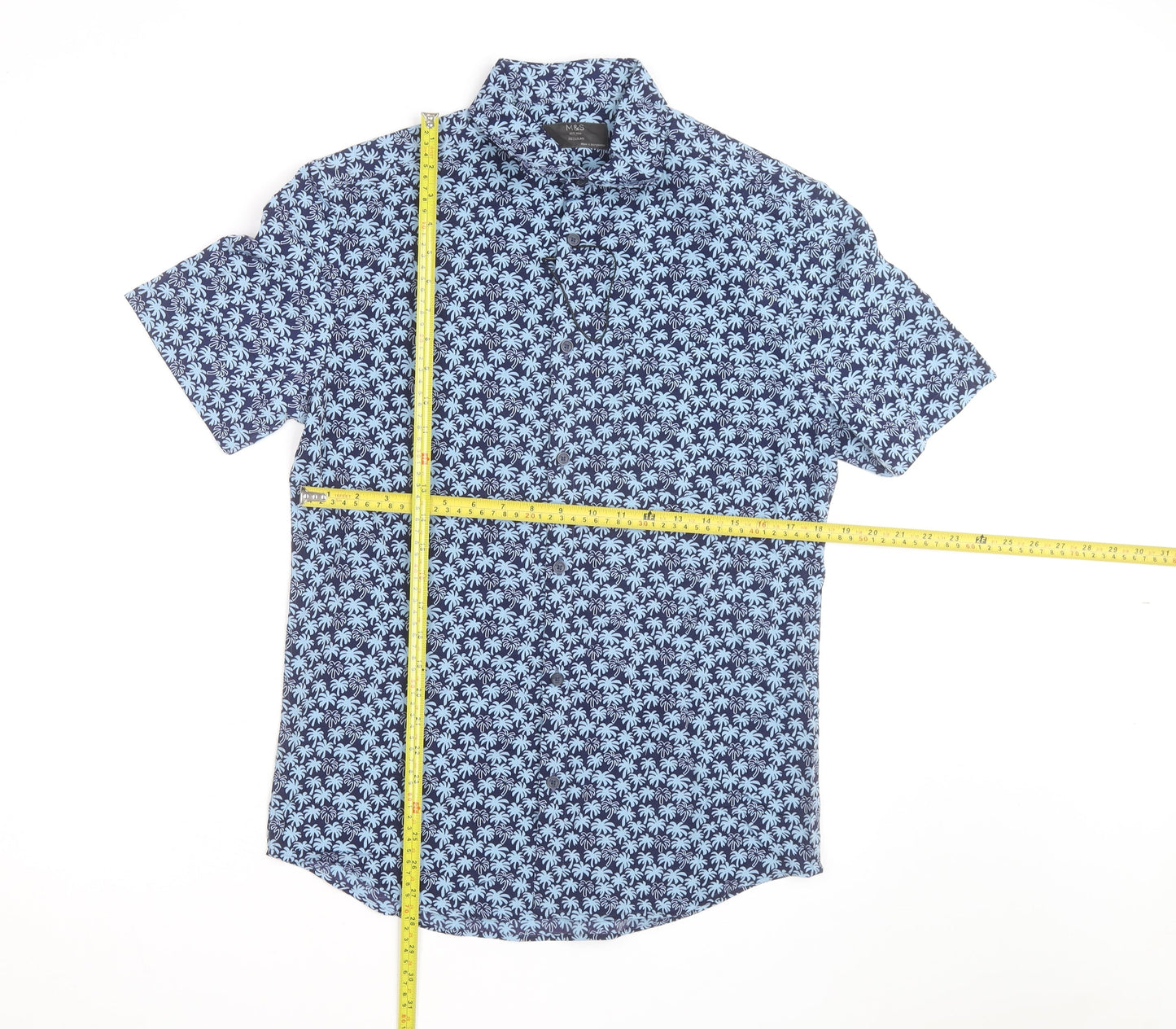 Marks and Spencer Men's Blue Regular Fit Short Sleeve Tropical Shirt M