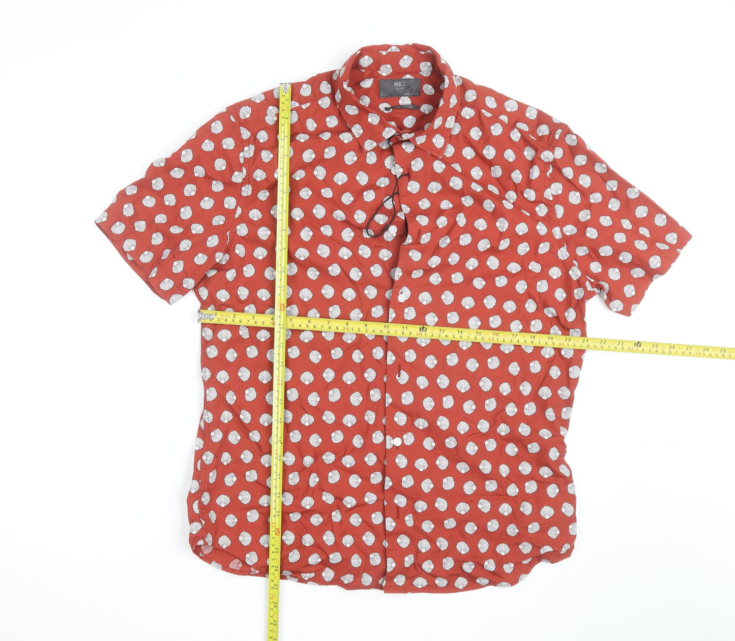 Marks and Spencer Men's Red Shell Print Pure Cotton Short Sleeve Shirt Size L