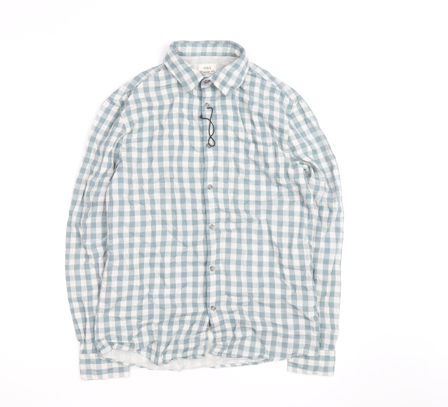 Marks and Spencer Men's Blue Check Regular Fit Cotton Shirt S