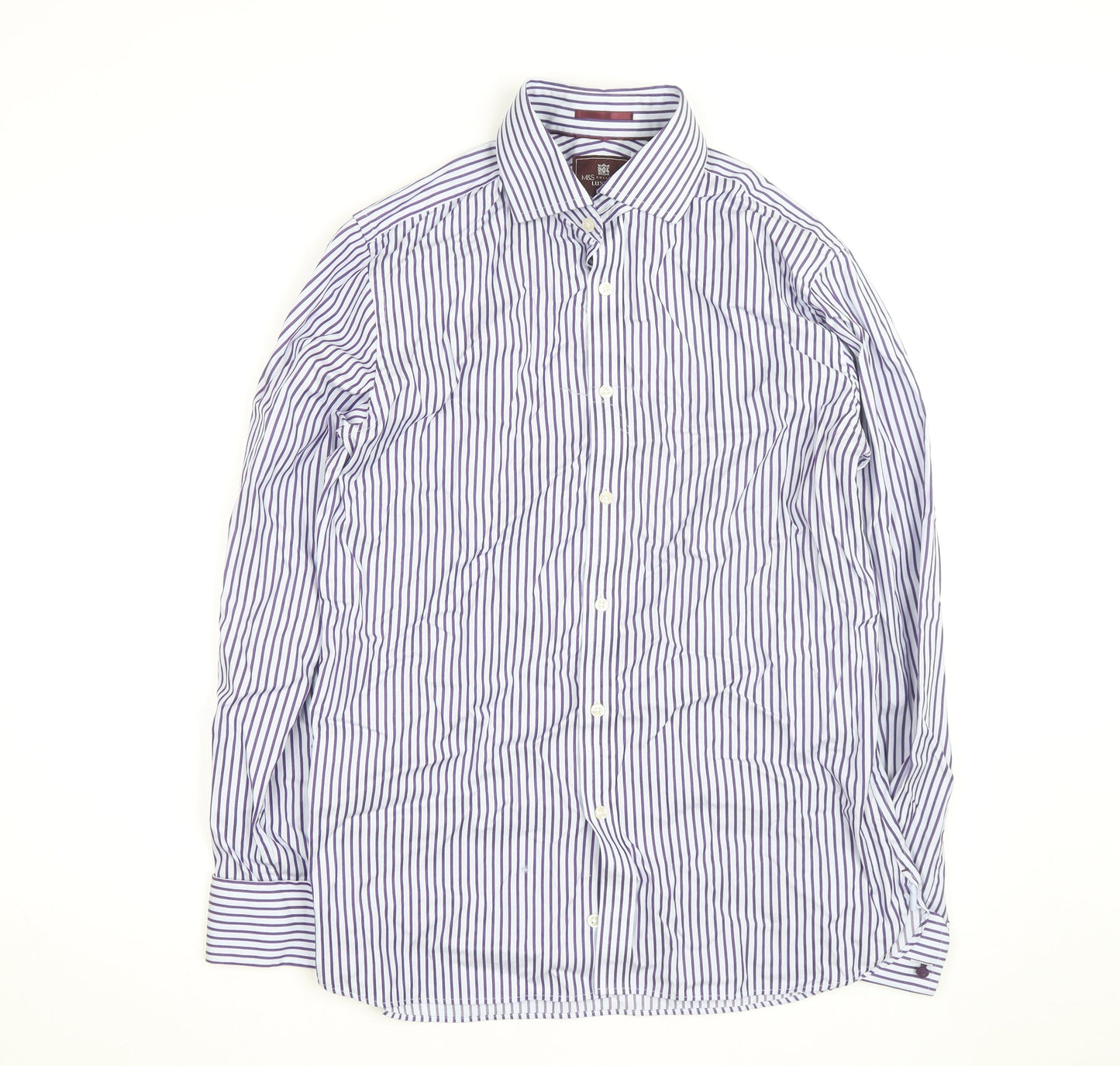 Marks and Spencer Men's Blue Striped Slim Fit 16in Cotton Shirt