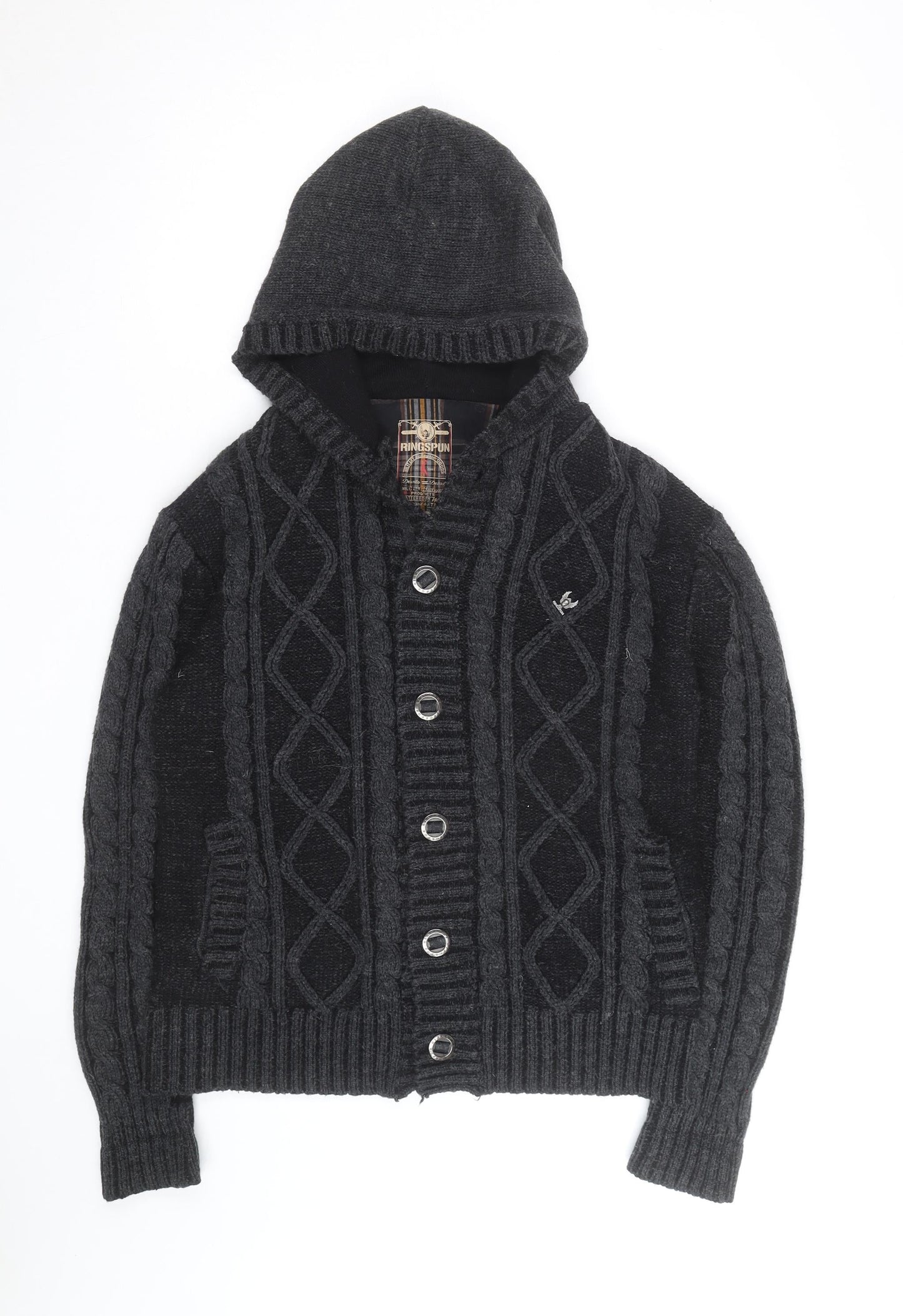 Ringspun Men's Black Hooded Cable-Knit Cardigan M