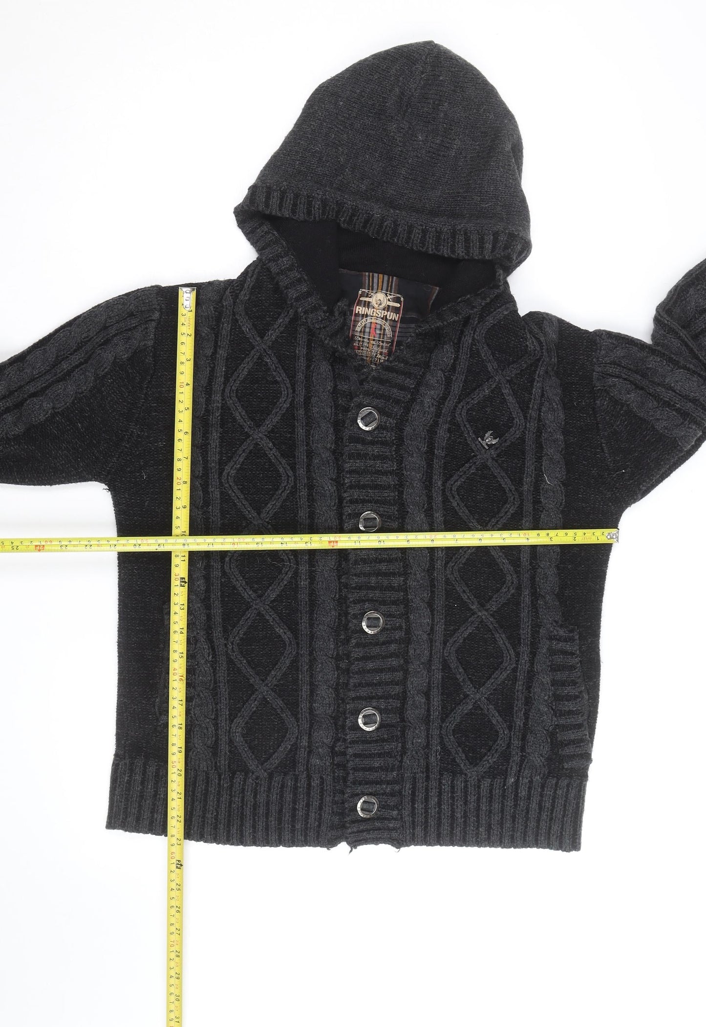 Ringspun Men's Black Hooded Cable-Knit Cardigan M