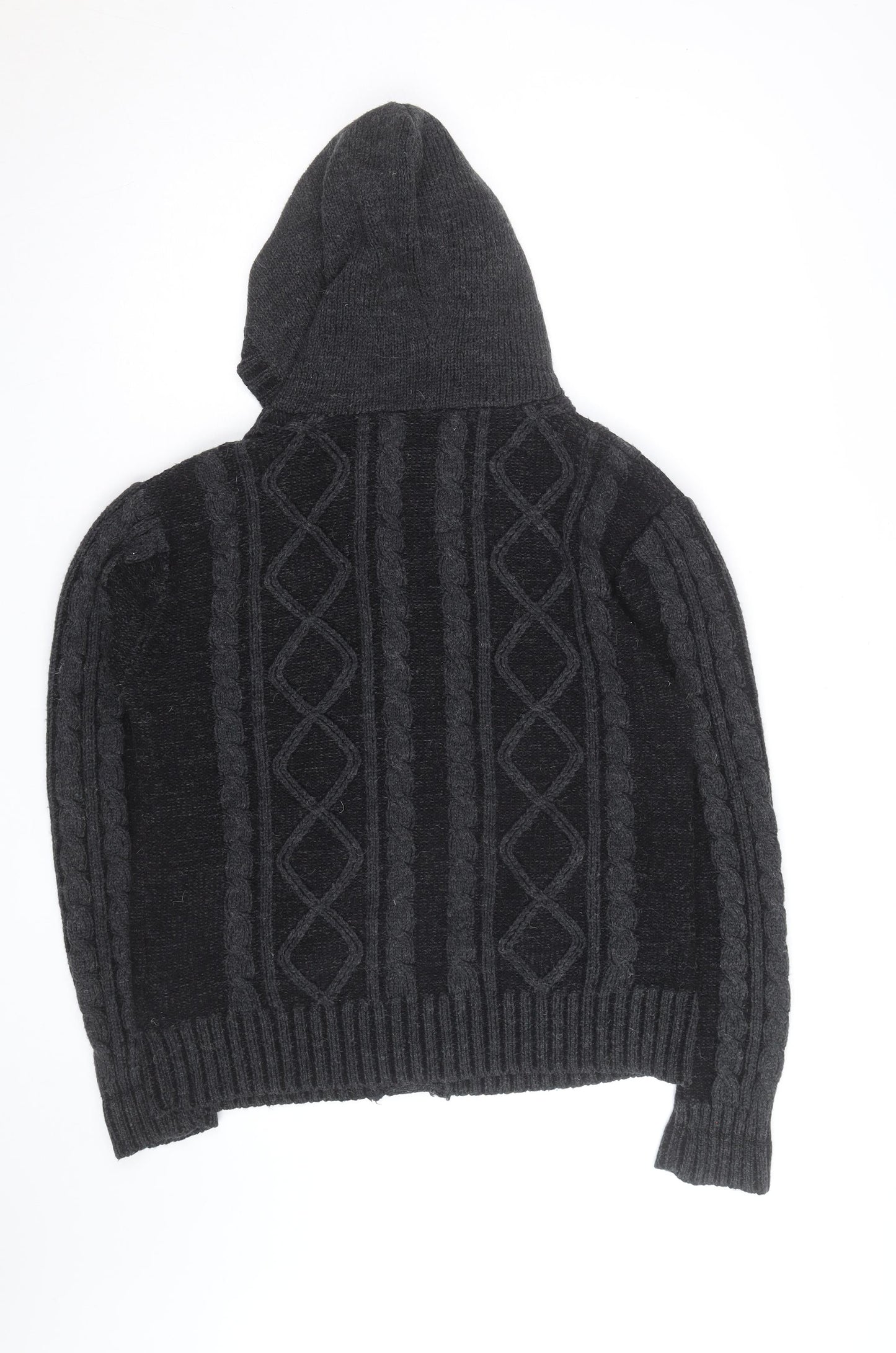 Ringspun Men's Black Hooded Cable-Knit Cardigan M