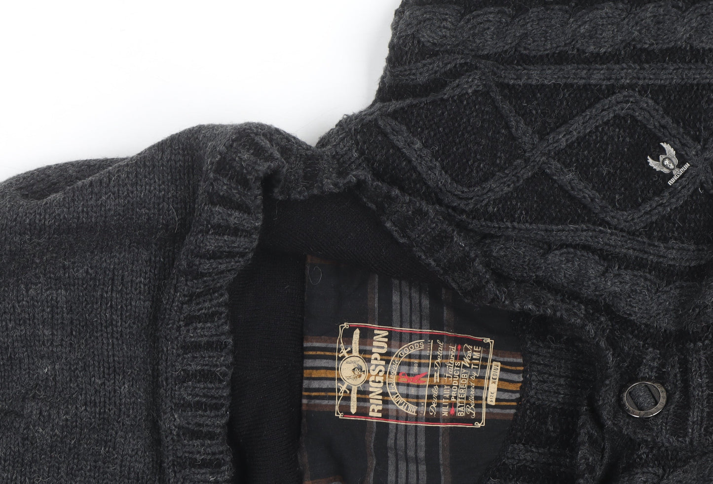 Ringspun Men's Black Hooded Cable-Knit Cardigan M