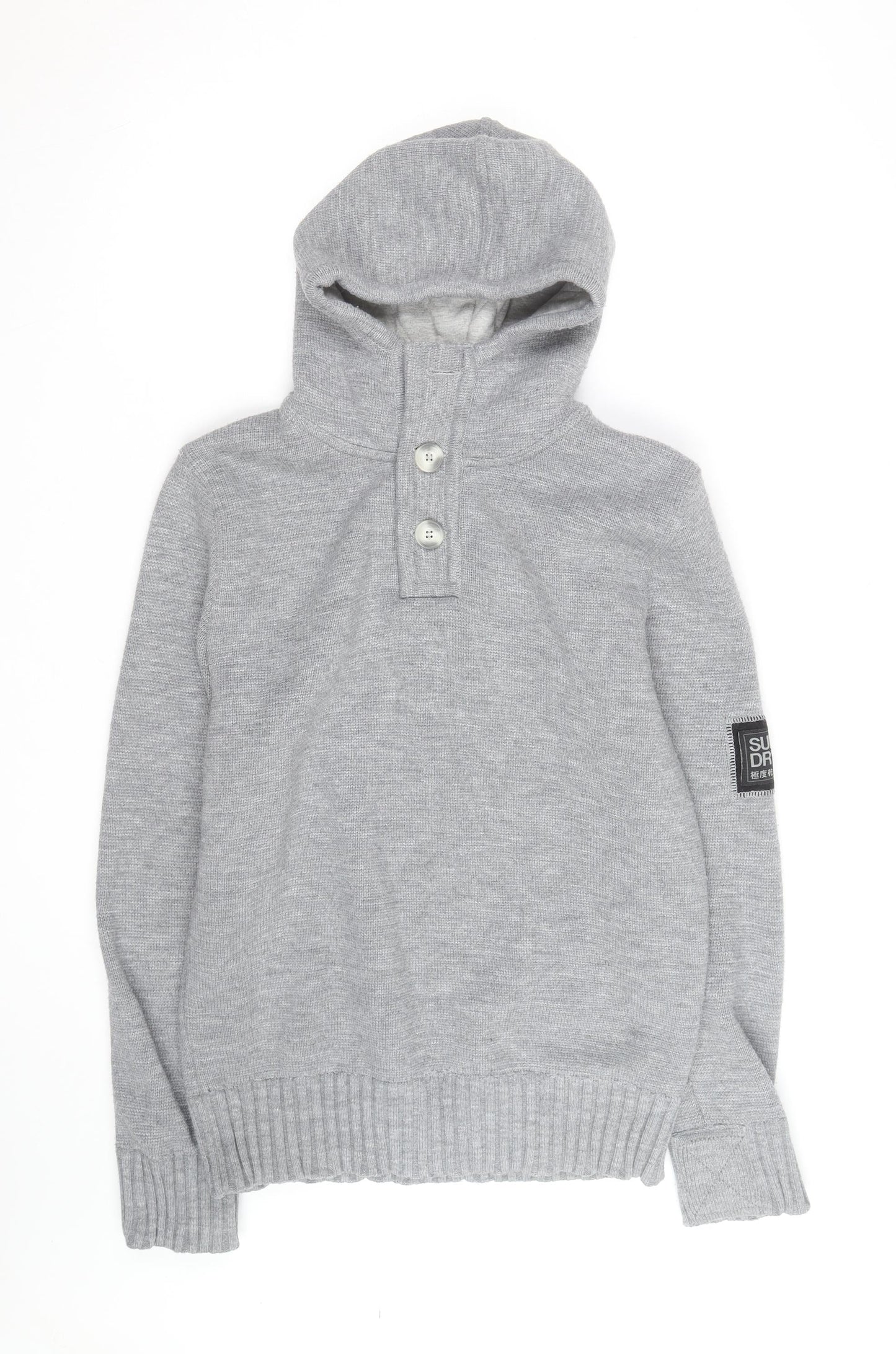 Superdry Men’s Grey Henley Hoodie Size L Knit Cotton Blend