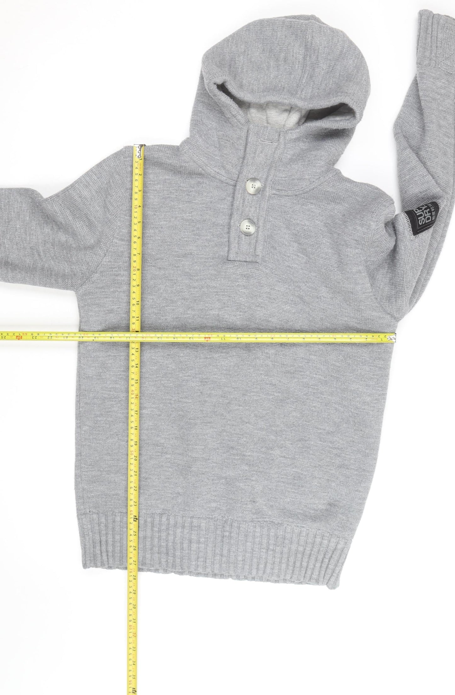 Superdry Men’s Grey Henley Hoodie Size L Knit Cotton Blend