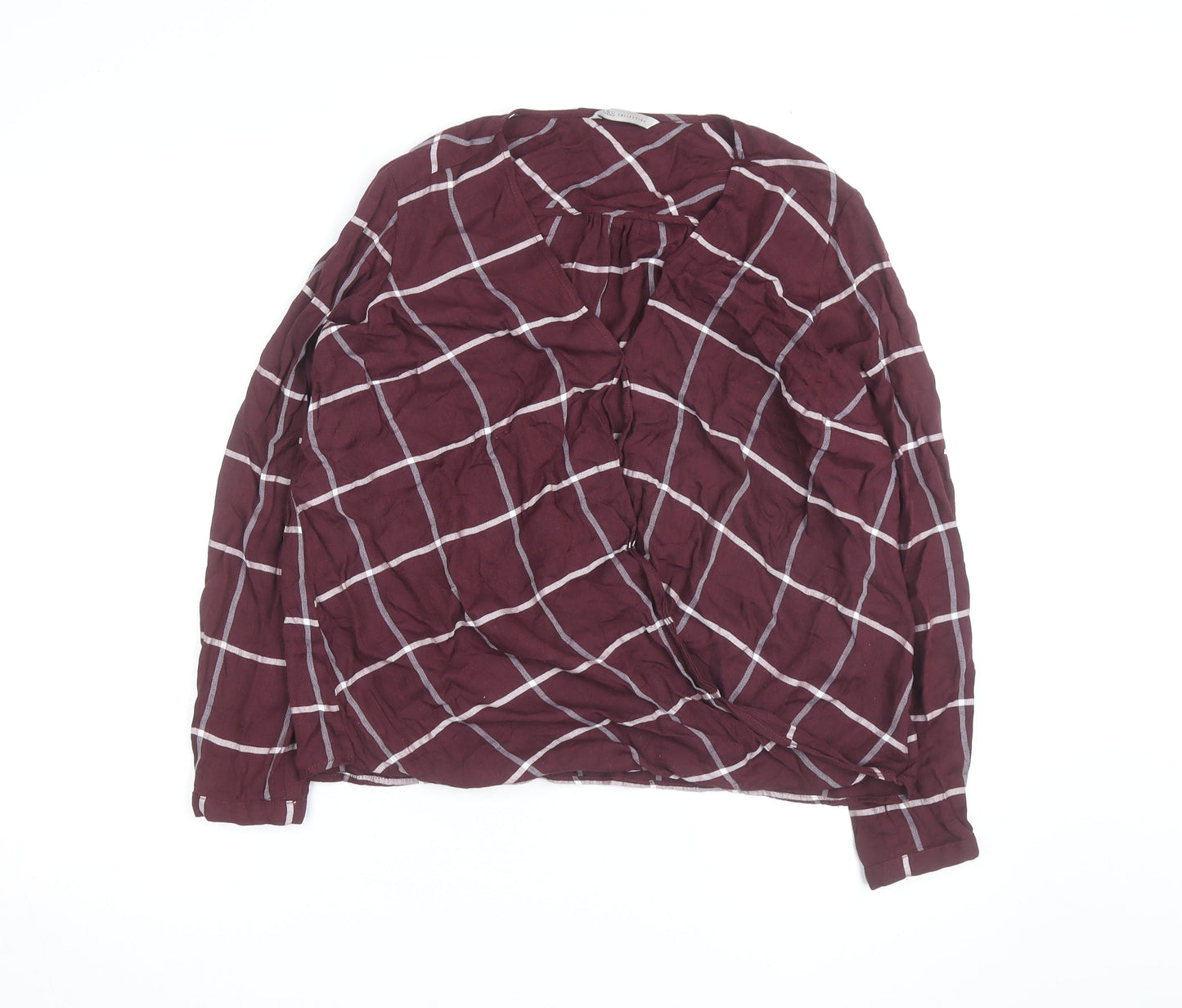 Marks and Spencer Womens Burgundy Check Wrap Blouse Size 16 Long Sleeve