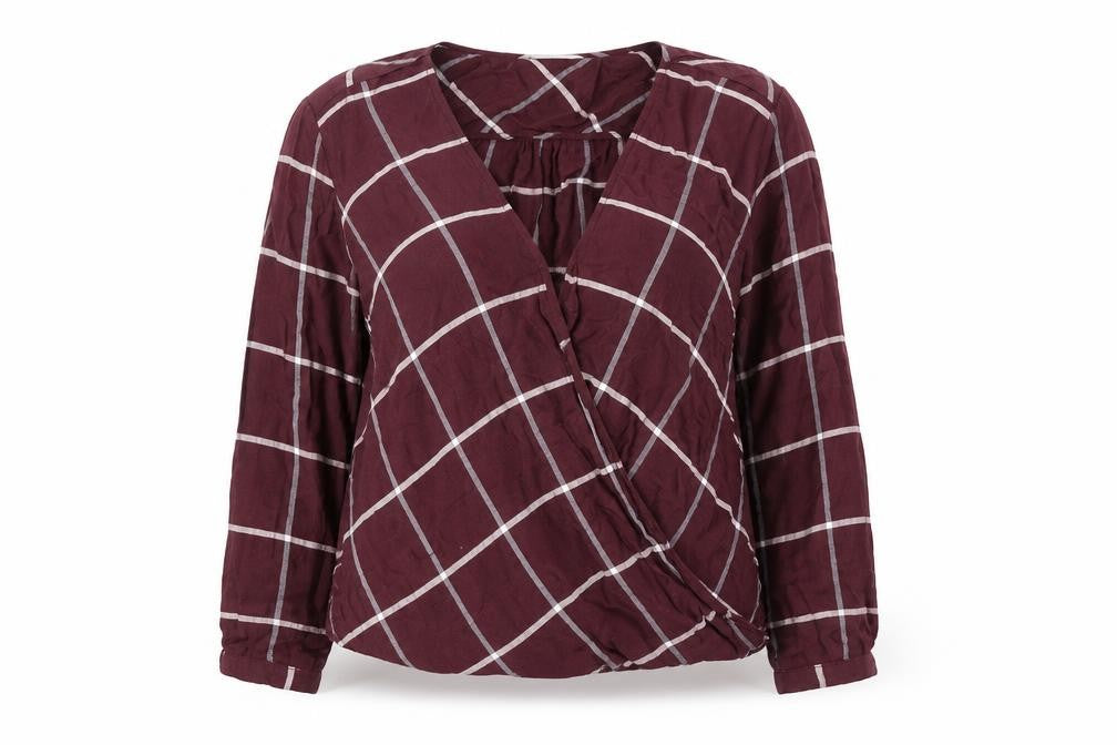 Marks & Spencer Womens Burgundy Check Wrap Blouse Size 16 Long Sleeve