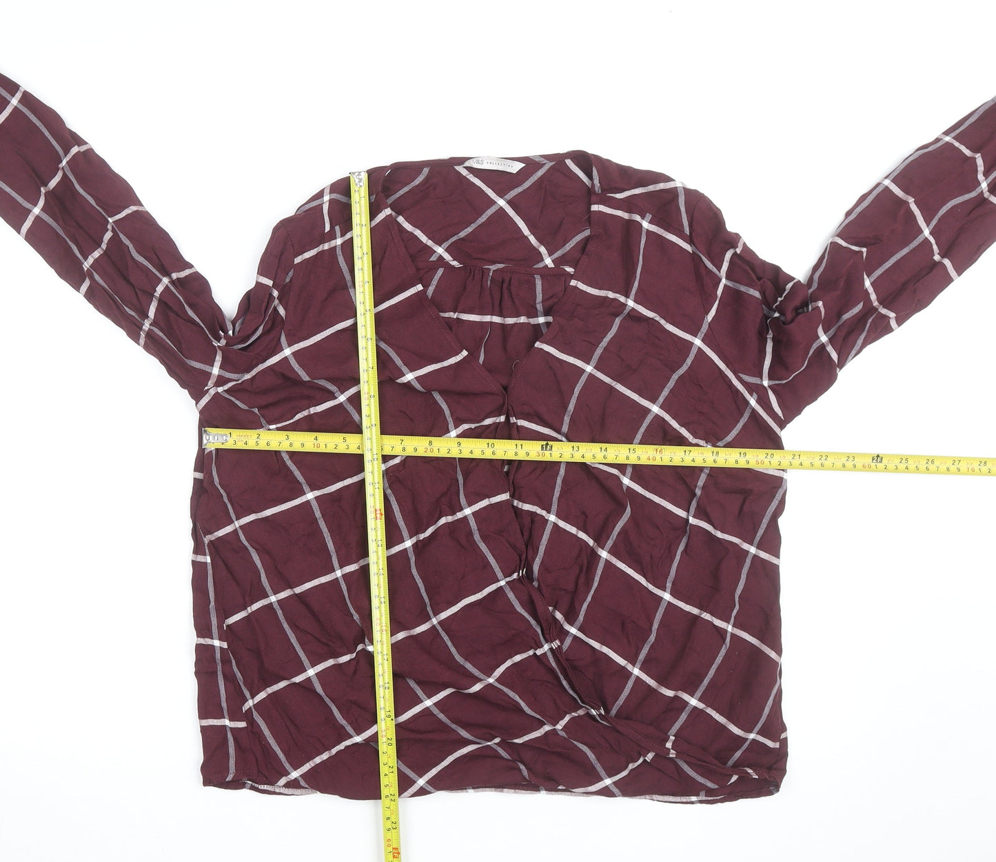 Marks and Spencer Womens Burgundy Check Wrap Blouse Size 16 Long Sleeve