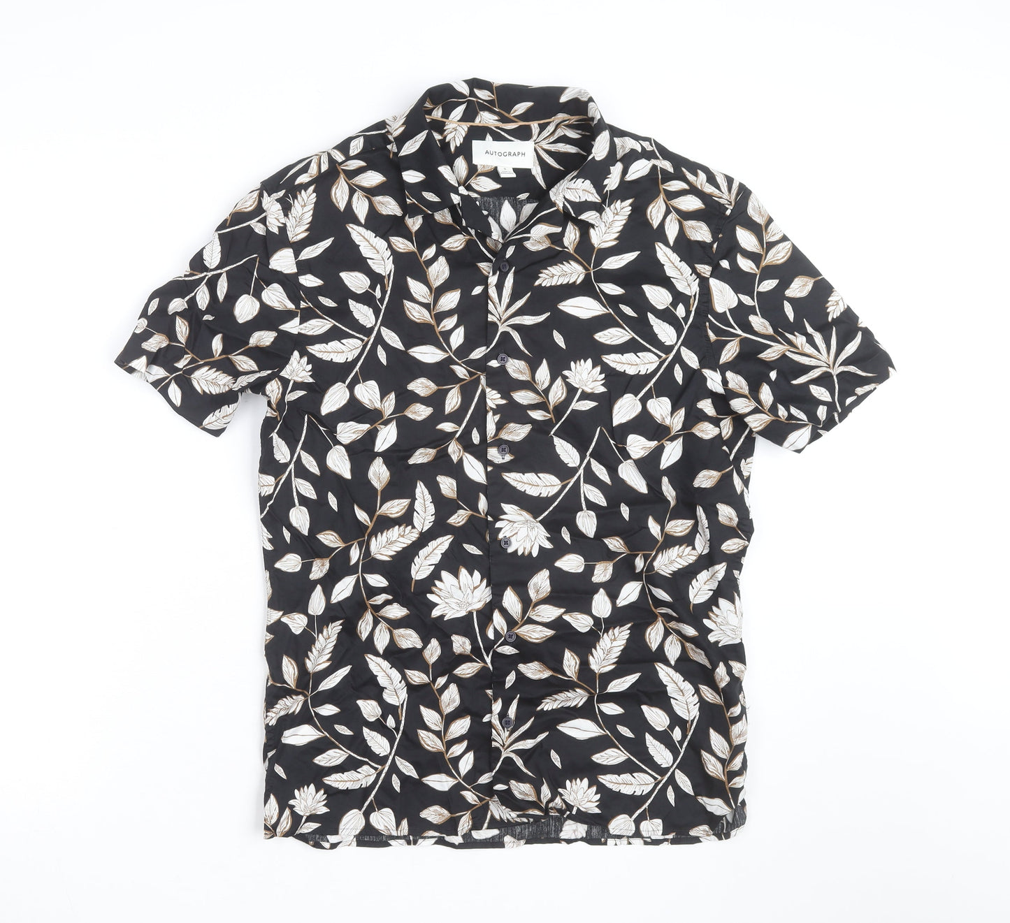 Marks and Spencer Men's Black Floral Cotton Short Sleeve Shirt Size S