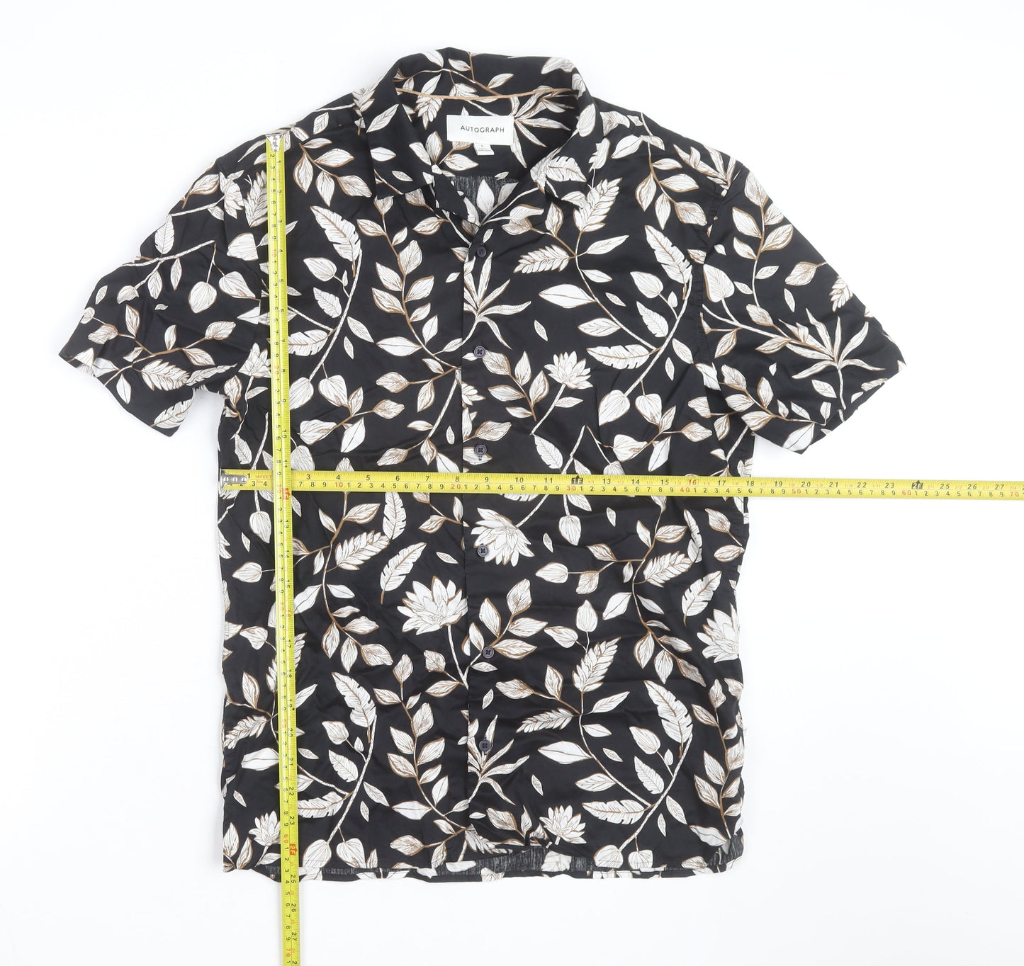 Marks and Spencer Men's Black Floral Cotton Short Sleeve Shirt Size S