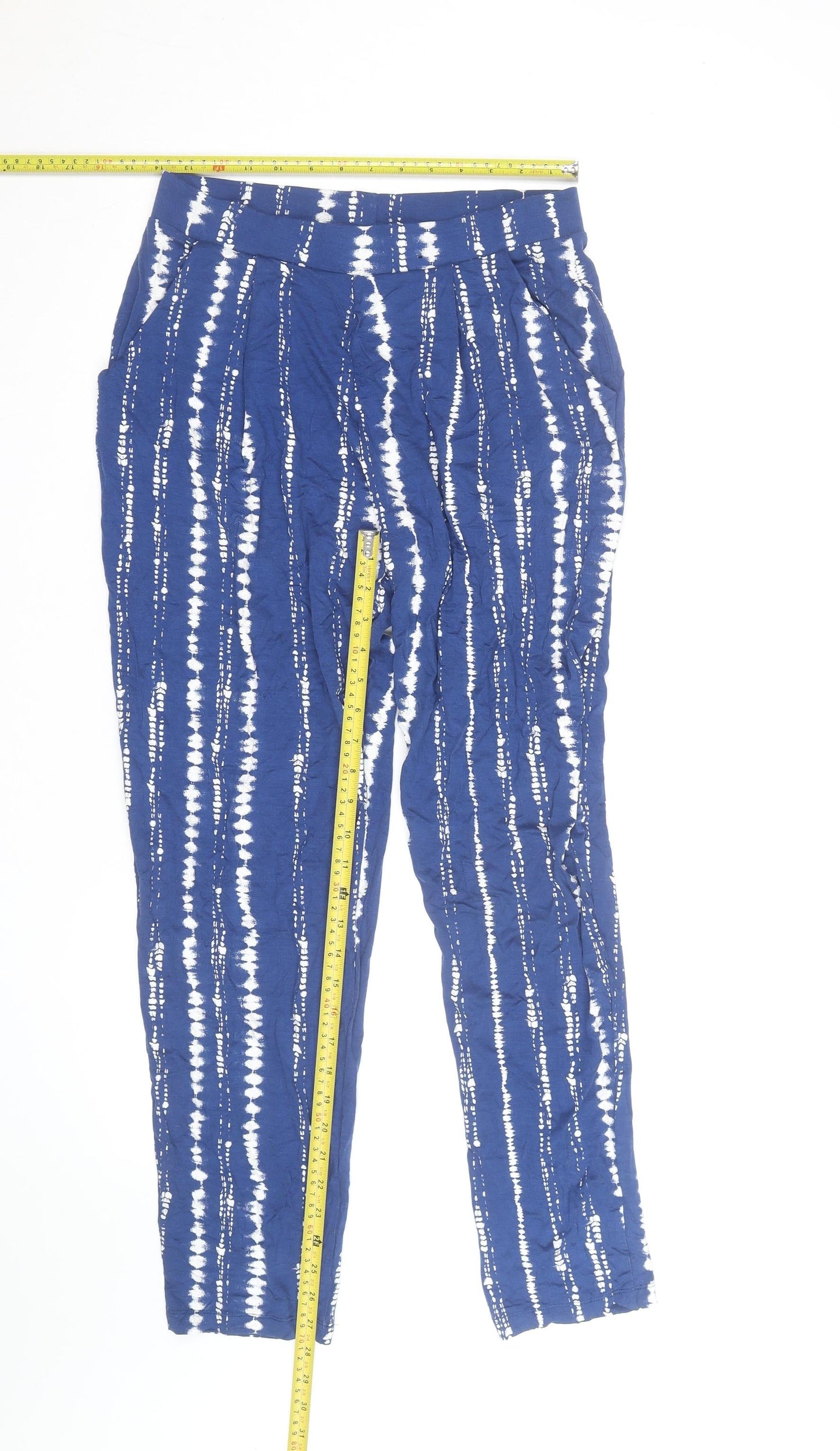 Marks and Spencer Women Blue Tie-Dye Cropped Trousers Size 10 Elastic Waist