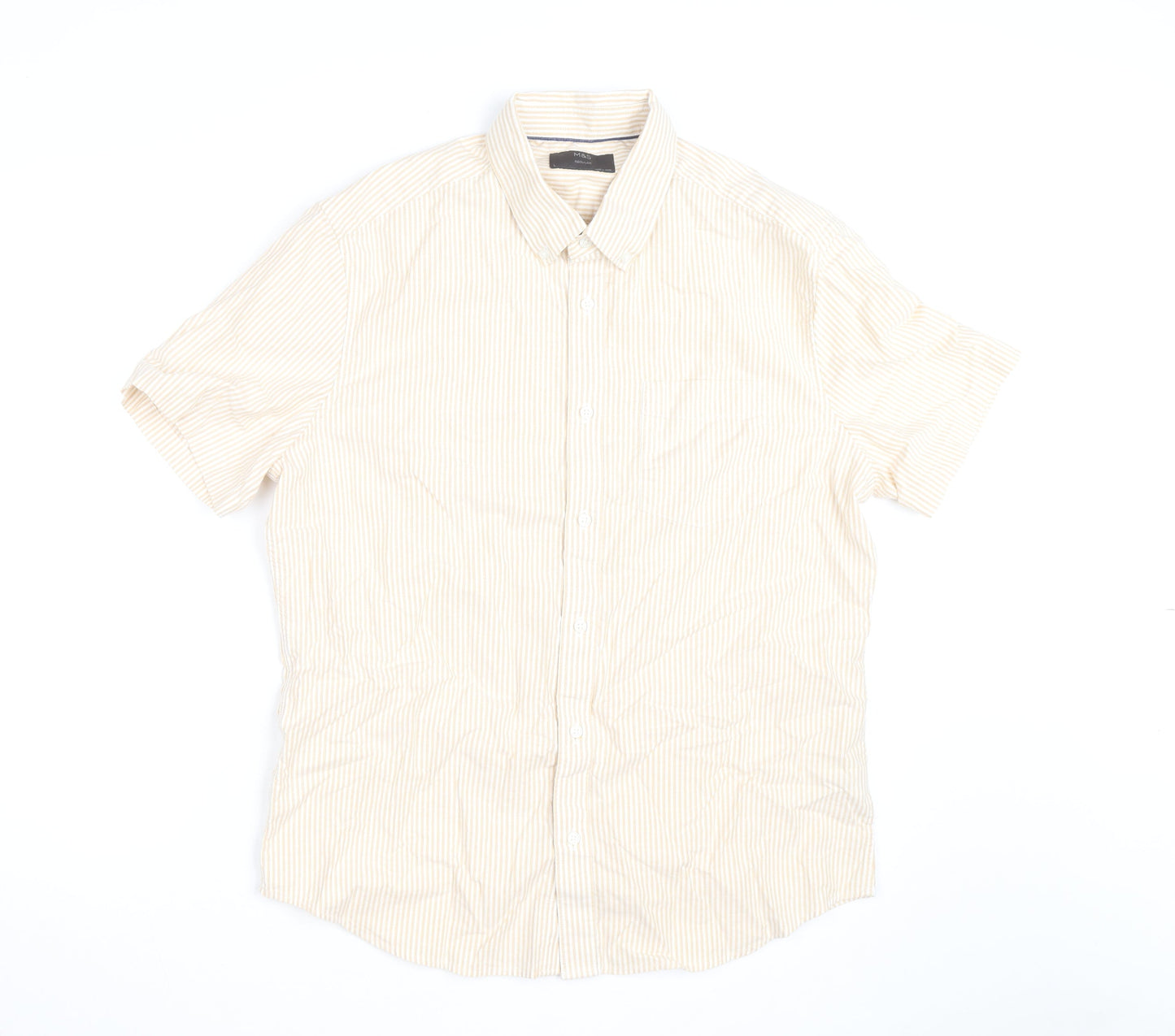 Marks and Spencer Men's Beige Striped Cotton Short Sleeve Button-Up Shirt L