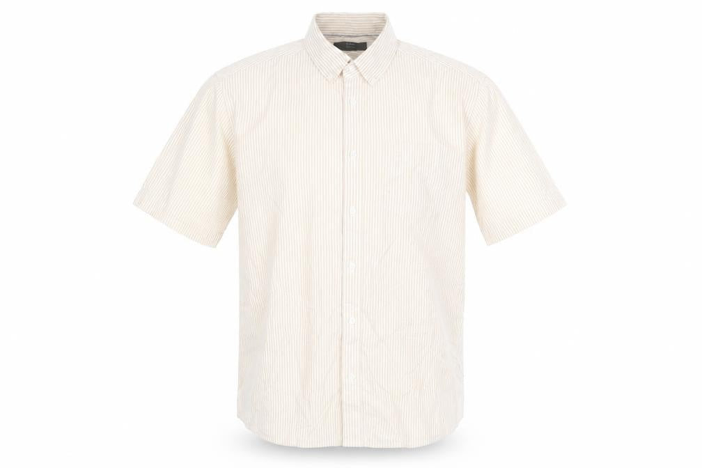 Marks & Spencer Men's Beige Striped Cotton Short Sleeve Button-Up Shirt L