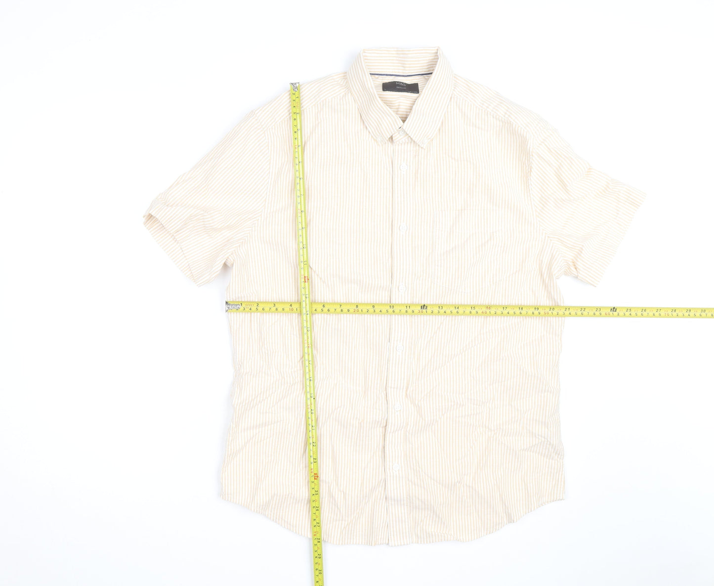 Marks and Spencer Men's Beige Striped Cotton Short Sleeve Button-Up Shirt L