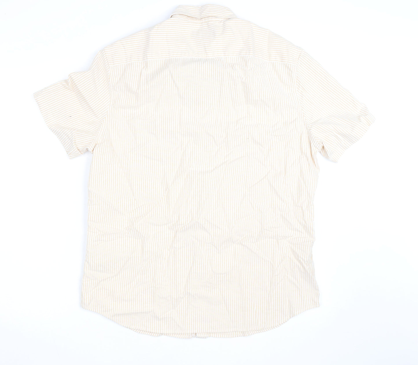 Marks and Spencer Men's Beige Striped Cotton Short Sleeve Button-Up Shirt L