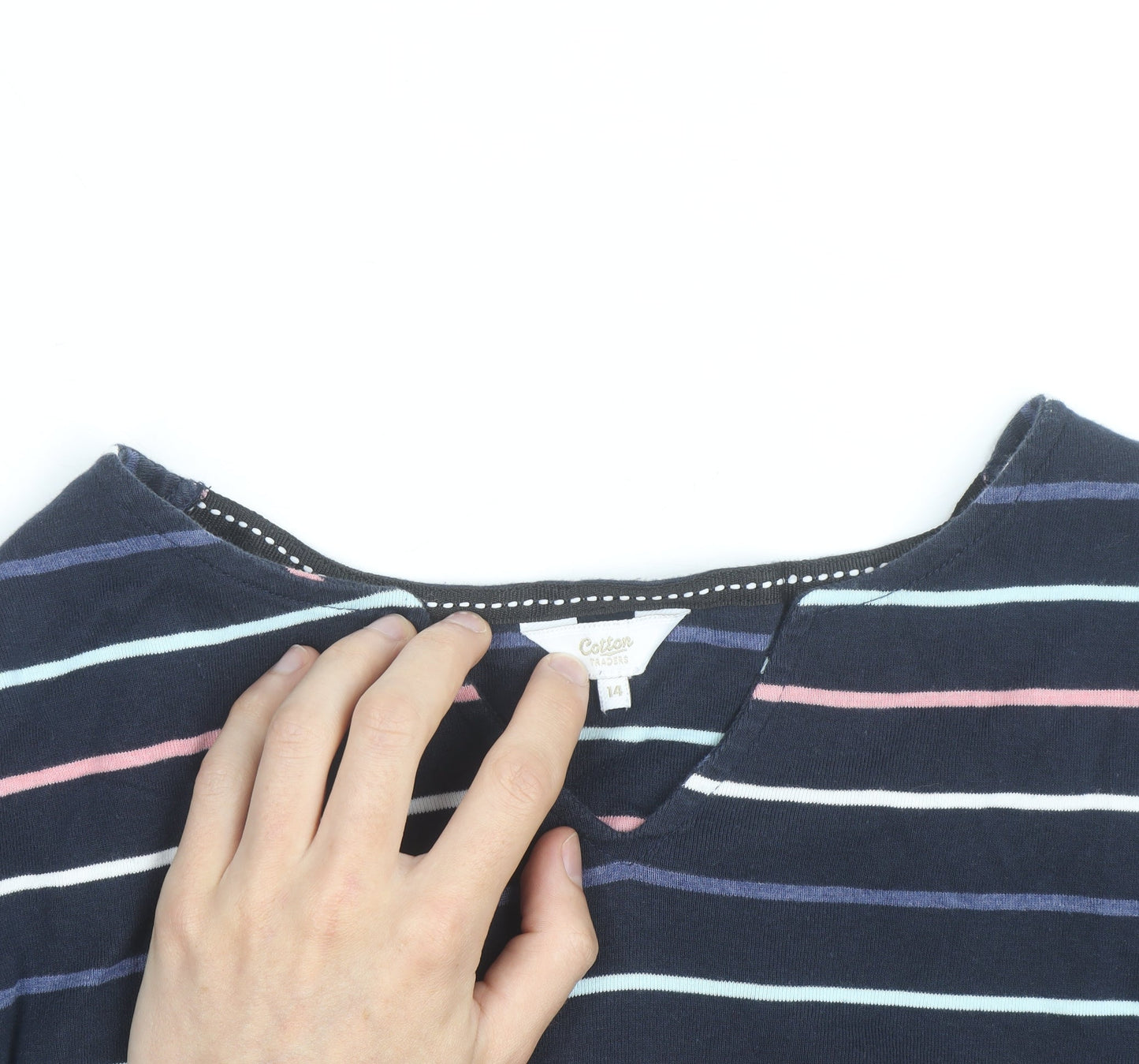 Cotton Traders Women’s Blue Striped Long Sleeve V-Neck Top Size 14